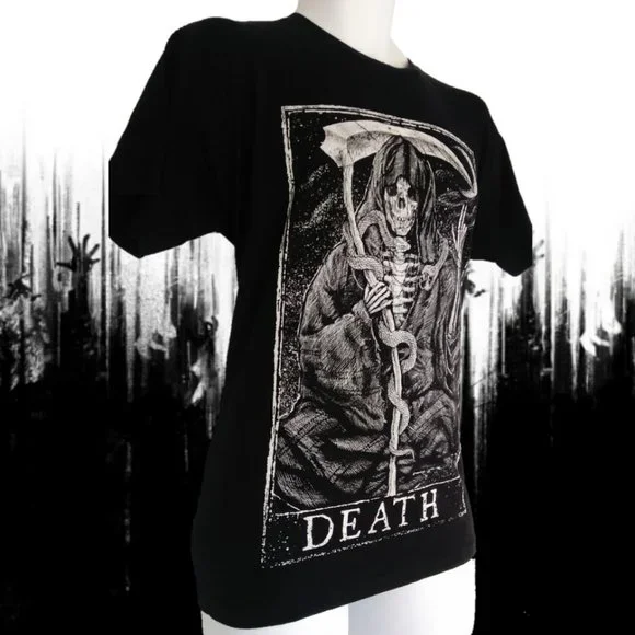DEATH TAROT BLACK T-SHIRT Mens Med GRIM REAPER goth witch occult